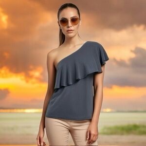 GREEN ENVELOPE Womens Top M Charcoal Gray One Shoulder Ruffle Blouse Loose Fit